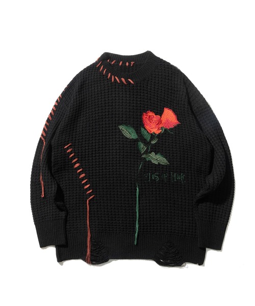 HOOK(フック)の「HOOK -original- ワッフル編み手縫いステッチバラ刺繍ニット風スウェット(スウェット・メンズ・ライトベージュ/ブラック・M/L/XL)」の6枚目の写真