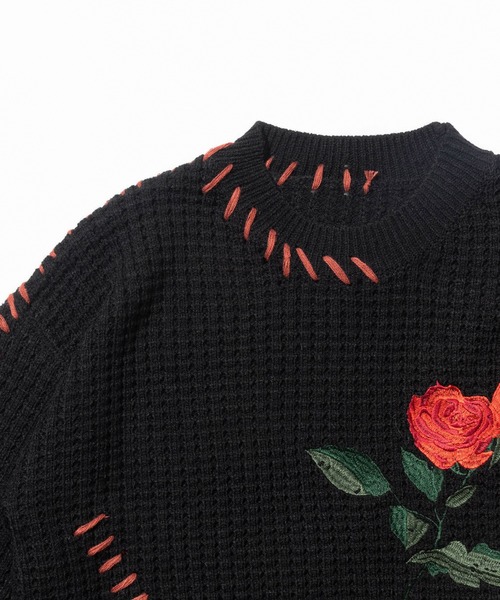 HOOK(フック)の「HOOK -original- ワッフル編み手縫いステッチバラ刺繍ニット風スウェット(スウェット・メンズ・ライトベージュ/ブラック・M/L/XL)」の11枚目の写真