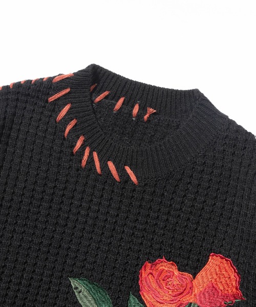 HOOK(フック)の「HOOK -original- ワッフル編み手縫いステッチバラ刺繍ニット風スウェット(スウェット・メンズ・ライトベージュ/ブラック・M/L/XL)」の14枚目の写真