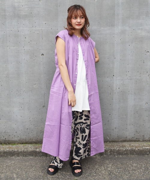CUBE SUGAR（キューブシュガー）の「インド綿ボイルフレンチスリーブシャツワンピース（シャツワンピース・レディース・パープル/ホワイト/オリーブ/ブラウン・M）」の20枚目の写真