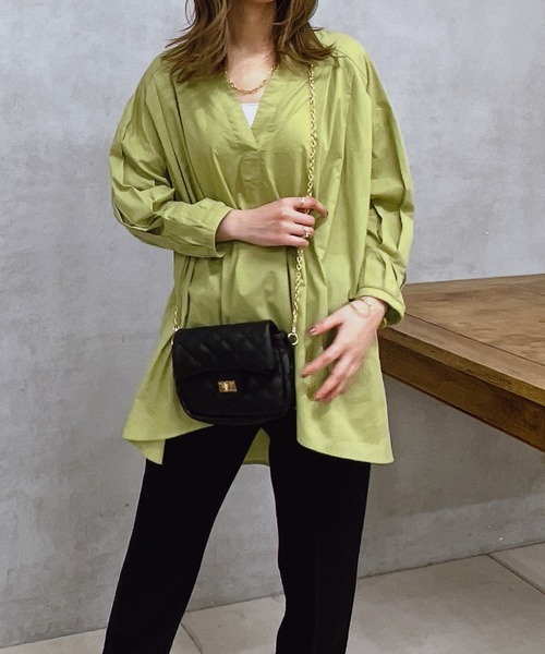 un dix cors(アンディコール)の「コットンタックスリーブブラウス(シャツ/ブラウス・レディース・グリーン/オフホワイト/ブラック・FREE)」の3枚目の写真