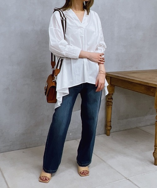 un dix cors(アンディコール)の「コットンタックスリーブブラウス(シャツ/ブラウス・レディース・グリーン/オフホワイト/ブラック・FREE)」の7枚目の写真