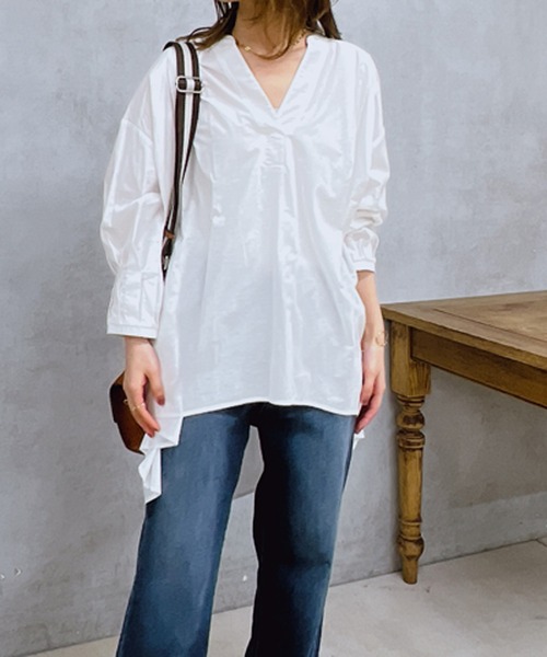 un dix cors(アンディコール)の「コットンタックスリーブブラウス(シャツ/ブラウス・レディース・グリーン/オフホワイト/ブラック・FREE)」の4枚目の写真