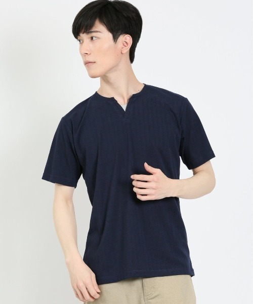 m.f.editorial（エムエフエディトリアル）の「m.f.エディトリアル メンズ ランダムテレコ キーネック半袖Tシャツ（Tシャツ/カットソー・メンズ・ホワイト/ネイビー/ライトグレー・MEDIUM/LARGE/X-LARGE）」の3枚目の写真