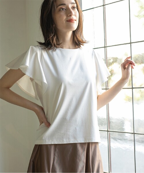 OPAQUE.CLIP（オペークドットクリップ）の「◆シルク調コットン フリルスリーブカットソー【UV/接触冷感/イージーケア/洗濯機洗い可】（Tシャツ/カットソー・レディース・ピンク系/ブラック/ブラウン系その他/ホワイト系・36/38/40/42）」の5枚目の写真