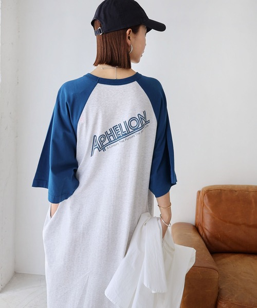 andme（アンドミー）の「配色ラグラン半袖プリントTシャツワンピース（ワンピース・レディース・ブルー/チャコールグレー/グレー/ベージュ・M）」の20枚目の写真