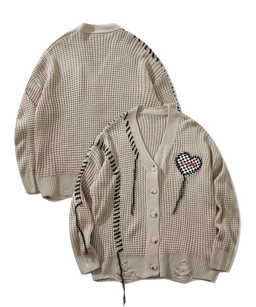 HOOK（フック）の「HOOK -original-　ブロックチェックハートパッチ　ワッフル編みクレイジーステッチVネックカーディガン 裾ダメージ加工（カーディガン/ボレロ・メンズ・ブラック/ダークベージュ/グリーン/パープル・M/L/XL）」の6枚目の写真