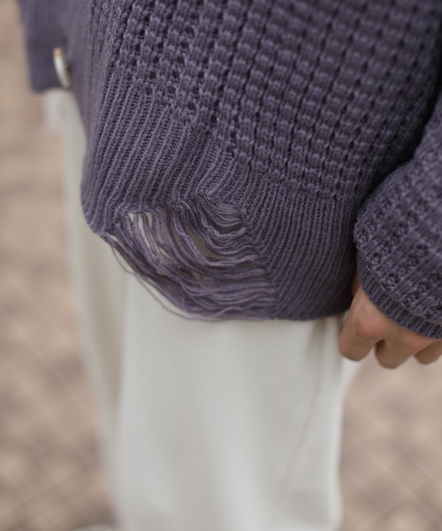 HOOK（フック）の「HOOK -original-　ブロックチェックハートパッチ　ワッフル編みクレイジーステッチVネックカーディガン 裾ダメージ加工（カーディガン/ボレロ・メンズ・ブラック/ダークベージュ/グリーン/パープル・M/L/XL）」の19枚目の写真
