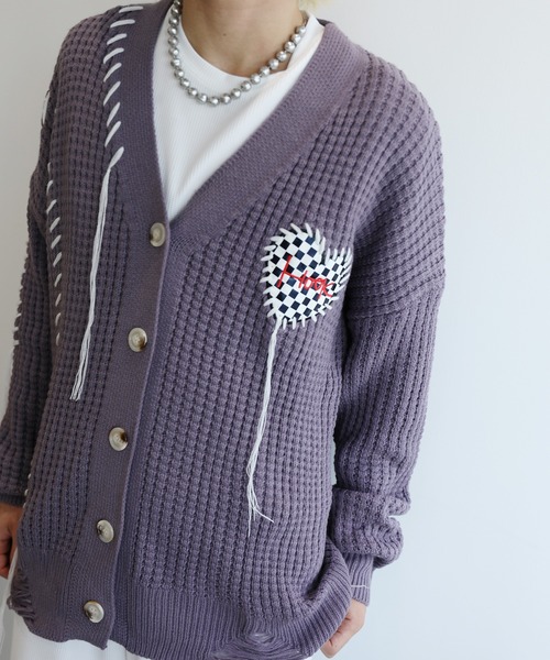 HOOK（フック）の「HOOK -original-　ブロックチェックハートパッチ　ワッフル編みクレイジーステッチVネックカーディガン 裾ダメージ加工（カーディガン/ボレロ・メンズ・ブラック/ダークベージュ/グリーン/パープル・M/L/XL）」の12枚目の写真