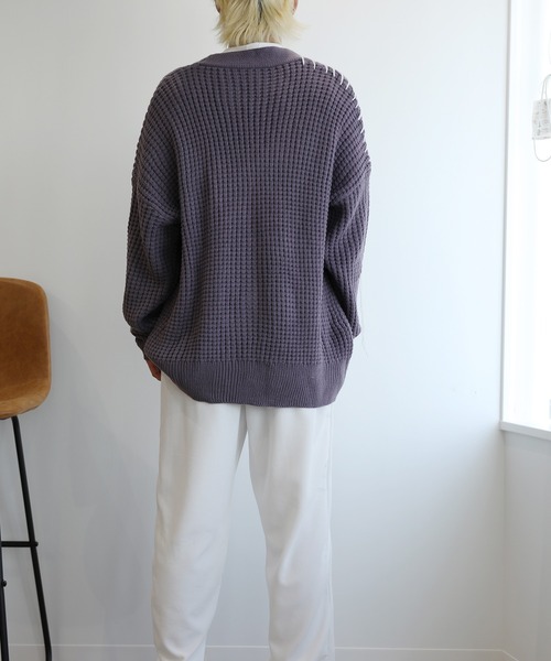 HOOK（フック）の「HOOK -original-　ブロックチェックハートパッチ　ワッフル編みクレイジーステッチVネックカーディガン 裾ダメージ加工（カーディガン/ボレロ・メンズ・ブラック/ダークベージュ/グリーン/パープル・M/L/XL）」の13枚目の写真