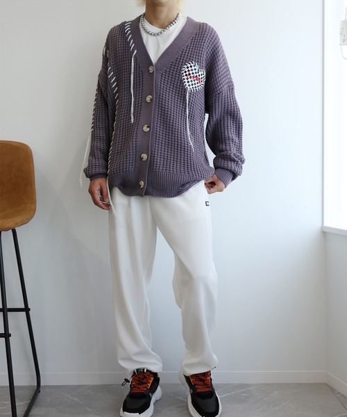 HOOK（フック）の「HOOK -original-　ブロックチェックハートパッチ　ワッフル編みクレイジーステッチVネックカーディガン 裾ダメージ加工（カーディガン/ボレロ・メンズ・ブラック/ダークベージュ/グリーン/パープル・M/L/XL）」の15枚目の写真