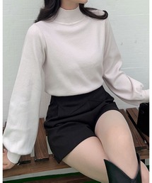 【なめらかカシミヤタッチ】ハイネックボリュームスリーブニットトップス