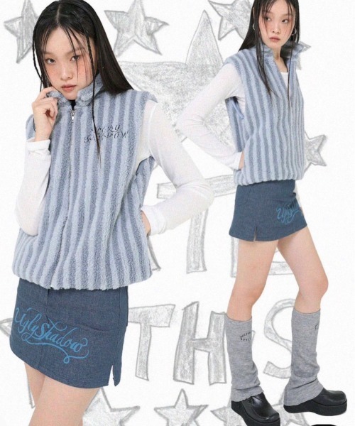 UGLY SHADOW(アグリーシャドウ)の「韓国ブランド Uglyshadow アグリーシャドウ 90S VEST ダウンベスト モコモコベスト(ダウンベスト・レディース・アイボリー/ブルー・ONE SIZE)」の3枚目の写真