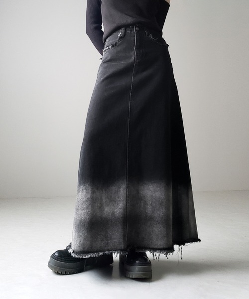 4SIZE 】ブリーチグラデーションダメージロングデニムスカート