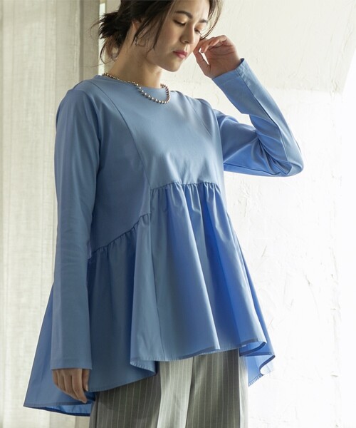 OPAQUE.CLIP（オペークドットクリップ）の「◆異素材Aラインカットソー/シルク調コットン【洗濯機洗い可】（Tシャツ/カットソー・レディース・グレー/ホワイト/ブラック/ライトブルー・40/38/36/42/34）」の16枚目の写真