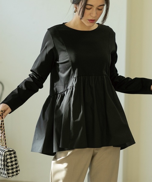 OPAQUE.CLIP（オペークドットクリップ）の「◆異素材Aラインカットソー/シルク調コットン【洗濯機洗い可】（Tシャツ/カットソー・レディース・グレー/ホワイト/ブラック/ライトブルー・40/38/36/42/34）」の2枚目の写真