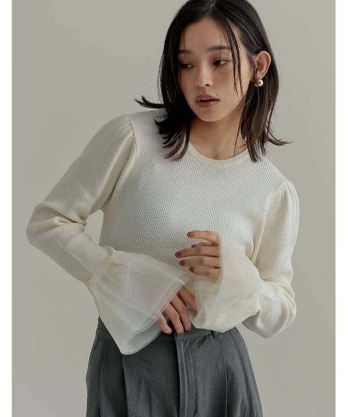 Re:EDIT（リエディ）の「[新色追加][累計販売枚数8000枚突破！][お気に入り数6.000]チュールカフスリブニットトップス（ニット/セーター・レディース・グレー/ベージュ系その他/ブラック/ホワイト/ブラック系その他/ブラック系その他2・LARGE/MEDIUM）」の15枚目の写真