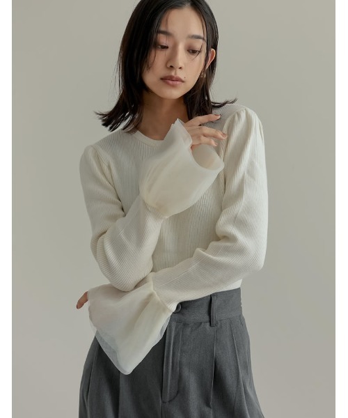 Re:EDIT（リエディ）の「[新色追加][累計販売枚数8000枚突破！][お気に入り数6.000]チュールカフスリブニットトップス（ニット/セーター・レディース・グレー/ベージュ系その他/ブラック/ホワイト/ブラック系その他/ブラック系その他2・LARGE/MEDIUM）」の17枚目の写真