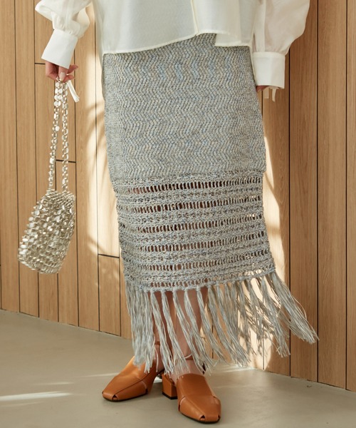 VIS（ビス）の「フリンジクロシェメッシュニットスカート（スカート・レディース・ベージュ系その他3/ブルー系その他4・FREE）」の5枚目の写真