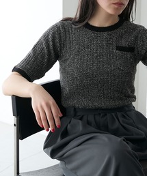 【forksy.】ミジンボーダーポケット付きニット半袖プルオーバー