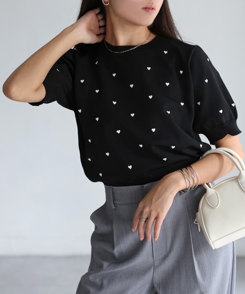 Riberry（リベリー）の「スポンディッシュハート刺繍半袖ニット（ニット/セーター・レディース・ブラック/アイボリー/ベージュ/ネイビー/ホワイト×レッド・FREE）」の19枚目の写真