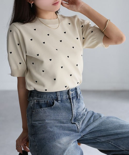 Riberry（リベリー）の「スポンディッシュハート刺繍半袖ニット（ニット/セーター・レディース・ブラック/アイボリー/ベージュ/ネイビー/ホワイト×レッド・FREE）」の21枚目の写真