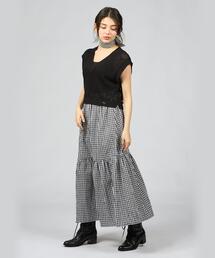 24SS美品 To b by agnes b:ギンガムリップルチェックスカート To b. by agnes b.（トゥービーバイアニエスベー）の「ギンガム