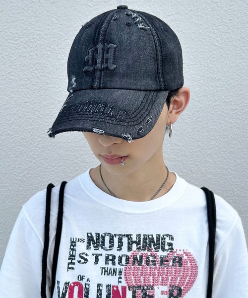 ダメージデニムキャップ/韓国/Y2K/グランジストリート/ユニセックス