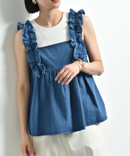INTERPLANET（インタープラネット）の「デニムフリルデザインキャミ（キャミソール・レディース・ブルー/サックスブルー・FREE）」の2枚目の写真