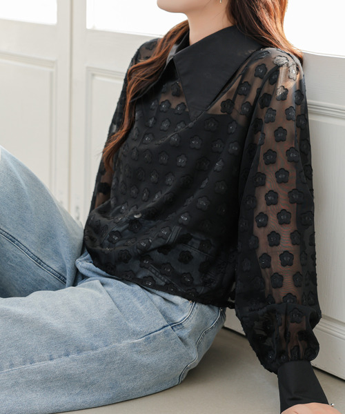 ECLIN(エクラン)の「シアージャガードバックカシュクールシャツ(シャツ/ブラウス・レディース・アイボリー/ブラック・M/L)」の2枚目の写真