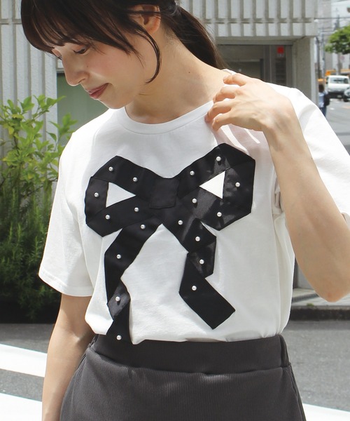 INCEDE（インシード）の「グログランリボン Tシャツ（Tシャツ/カットソー・レディース・ブラック/オフホワイト・M/L/LL）」の2枚目の写真