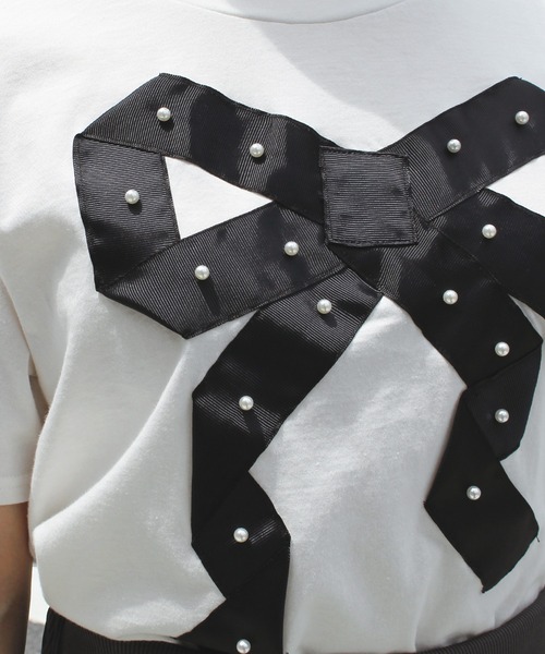 INCEDE（インシード）の「グログランリボン Tシャツ（Tシャツ/カットソー・レディース・ブラック/オフホワイト・M/L/LL）」の4枚目の写真