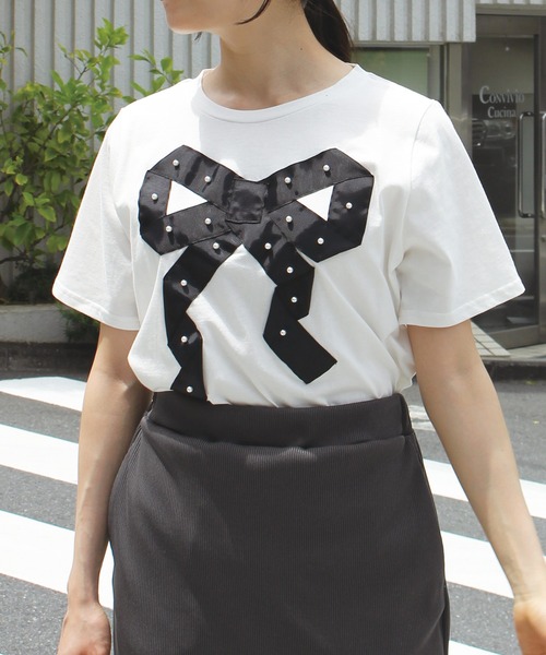 INCEDE（インシード）の「グログランリボン Tシャツ（Tシャツ/カットソー・レディース・ブラック/オフホワイト・M/L/LL）」の21枚目の写真