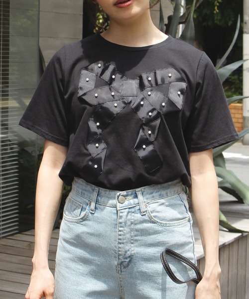 INCEDE（インシード）の「グログランリボン Tシャツ（Tシャツ/カットソー・レディース・ブラック/オフホワイト・M/L/LL）」の13枚目の写真