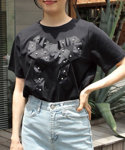 INCEDE（インシード）の「グログランリボン Tシャツ（Tシャツ/カットソー・レディース・ブラック/オフホワイト・M/L/LL）」の12枚目の写真