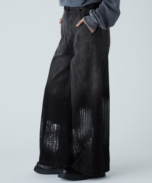 セール】【VELNUS】Vintage design gradation crack wide flare denim