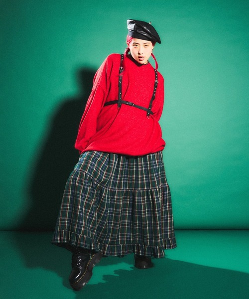 PUNYUS(プニュズ)の「タータンチェックティアードロングスカート(スカート・レディース・グリーン/レッド/パープル・1/2/3/4)」の21枚目の写真