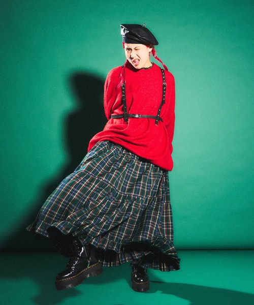 PUNYUS(プニュズ)の「タータンチェックティアードロングスカート(スカート・レディース・グリーン/レッド/パープル・1/2/3/4)」の22枚目の写真