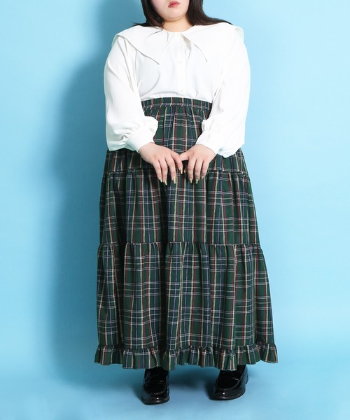 Sサイズ　デニム×タータンチェックティアードロングスカート PUNYUS スカート タータンチェックティアードロングスカート