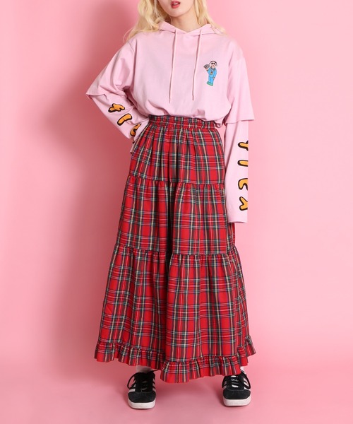だんだんティアードロングスカート ピンク系チェック だんだんティアードロングスカート ピンク系チェック 裏地付き