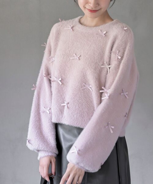 リボンモチーフ付きフェザーニットプルオーバー（ニット/セーター