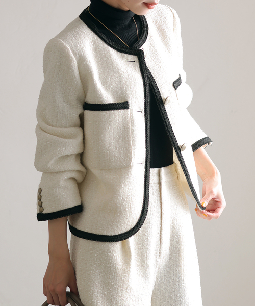 新品✨ラトータリテ　ノーカラー　ツイード　ジャケット 2024 La TOTALITE（ラトータリテ）の「ラメツイードノーカラー