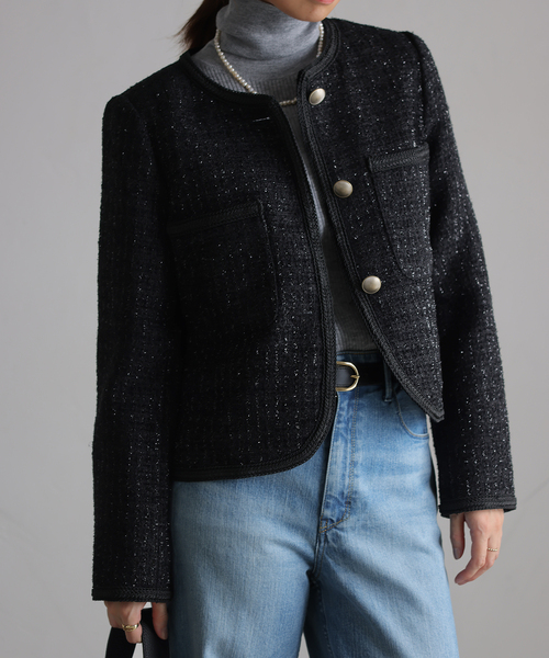 新品✨ラトータリテ　ノーカラー　ツイード　ジャケット 2024 La TOTALITE（ラトータリテ）の「ラメツイードノーカラージャケット