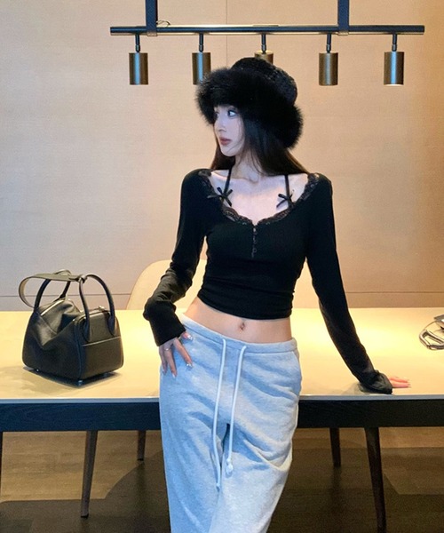 SHEPP(シープ)の「リボンストラップレースヘンリーネックロンTトップス(Tシャツ/カットソー・レディース・ホワイト/ブラック・F)」の14枚目の写真