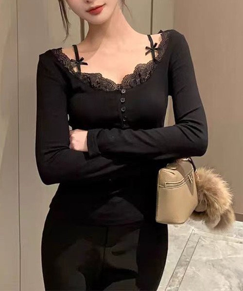 SHEPP(シープ)の「リボンストラップレースヘンリーネックロンTトップス(Tシャツ/カットソー・レディース・ホワイト/ブラック・F)」の8枚目の写真