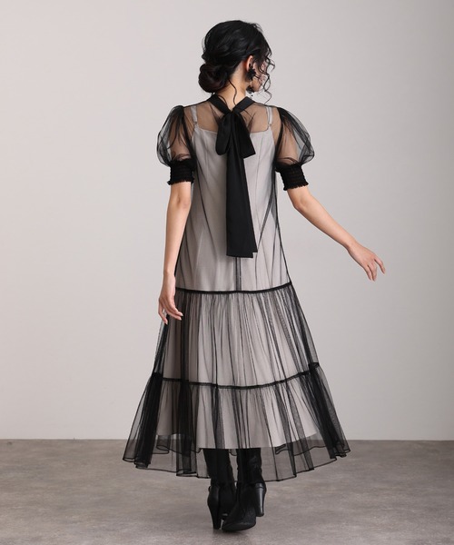 低身長用サイズあり】ミモレ丈&袖ありフォーマルティアードチュール