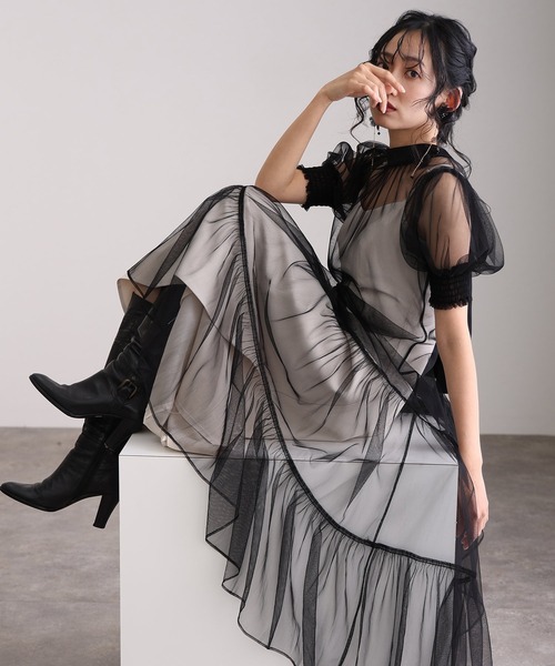 低身長用サイズあり】ミモレ丈&袖ありフォーマルティアードチュール