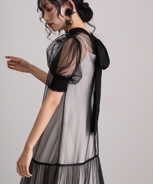 低身長用サイズあり】ミモレ丈&袖ありフォーマルティアードチュール