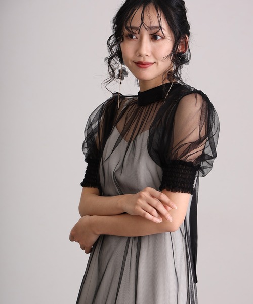 低身長用サイズあり】ミモレ丈&袖ありフォーマルティアードチュール