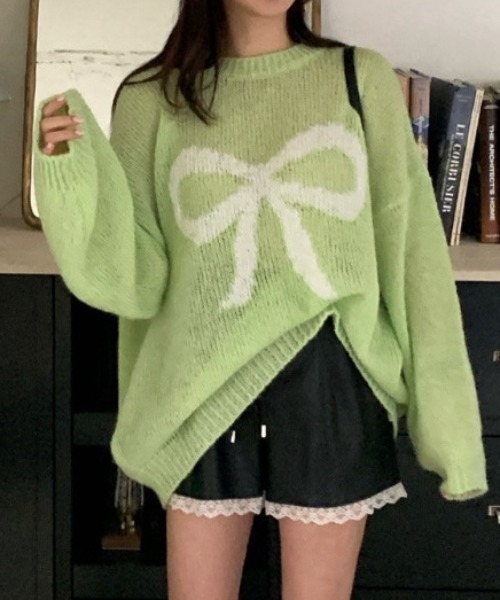 Vipoa(ヴィポア)の「front ribbon thin sweater(ニット/セーター・レディース・ブラック/ピンク/グリーン/ホワイト・FREE)」の3枚目の写真